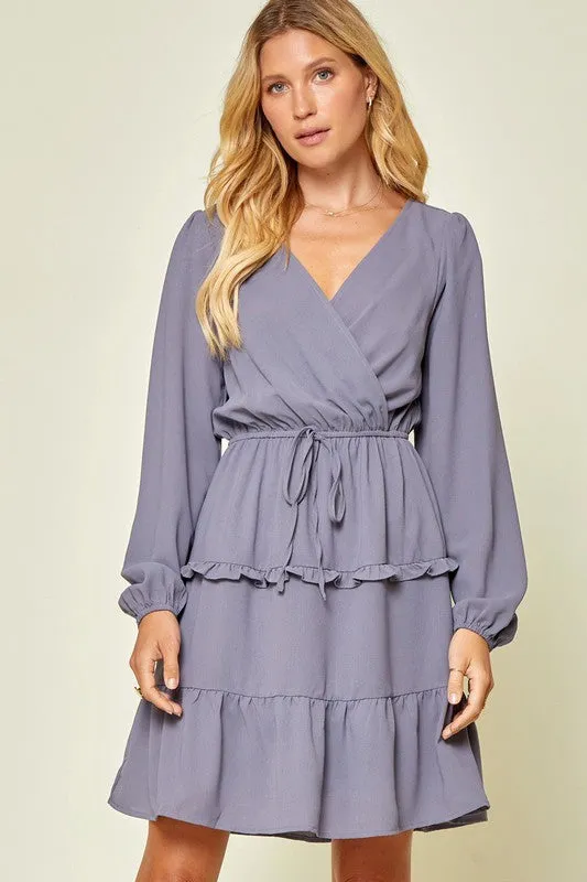 Dusty Blue Surplice Long Sleeve Dress