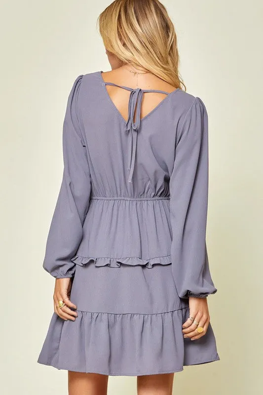 Dusty Blue Surplice Long Sleeve Dress