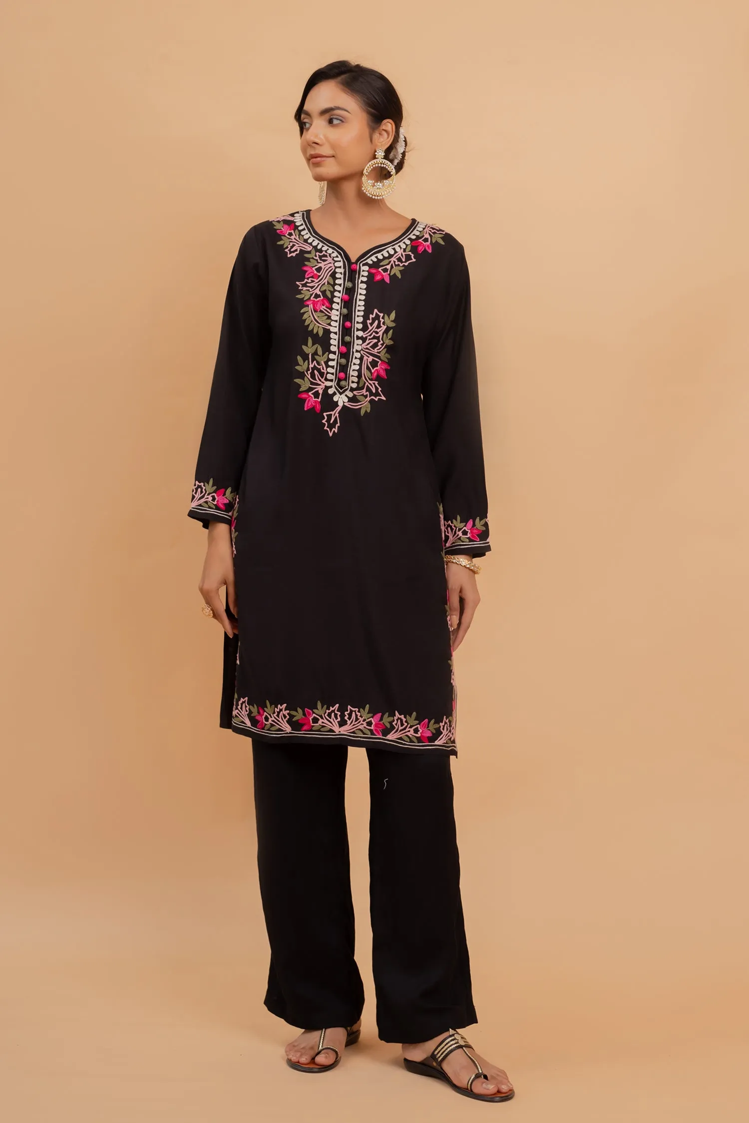 Falak Kashmiri Long Kurta In Black Muslin With Aari