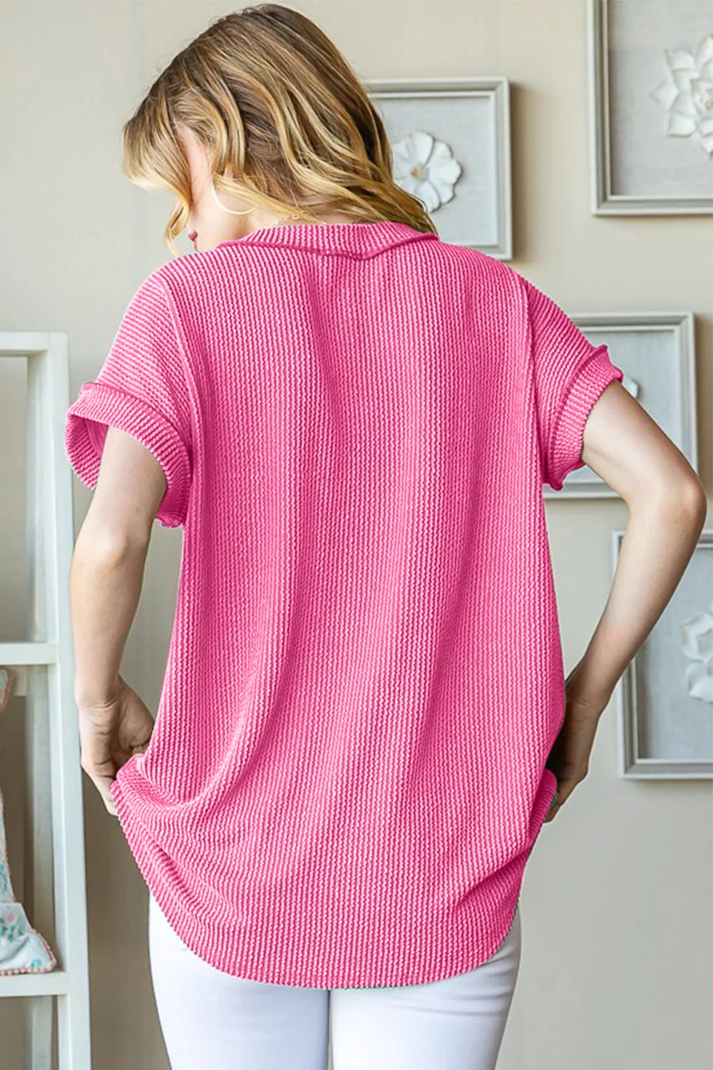 Front Pocket Short Sleeve Ribbed Top in Hot Pink