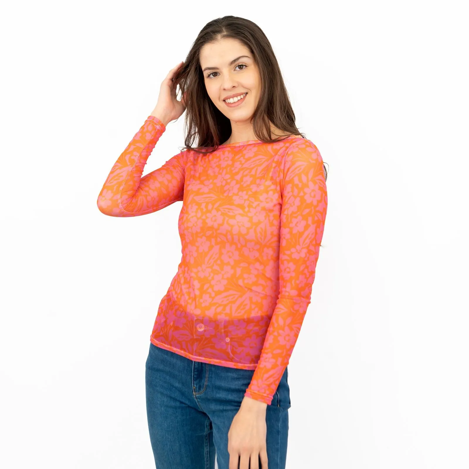 Karen Millen Floral Pink & Orange Mesh Top