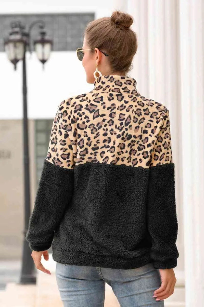 Leopard Zip-Up Turtle Neck Dropped Shoulder Sweatshirt