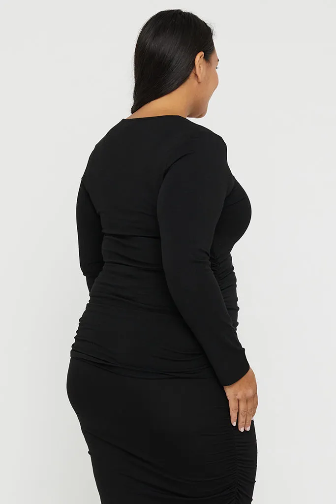 Long Sleeve Ruched Bamboo Tee - Black