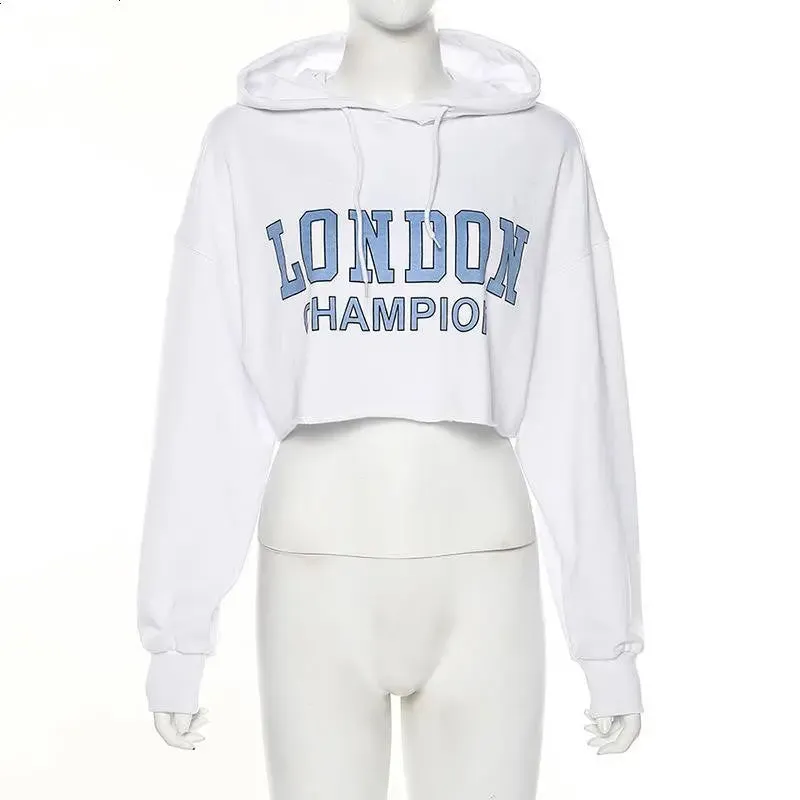 Long Sleeve Short Sweatshirt Blue Letter White Hooded Cropped Hoodies