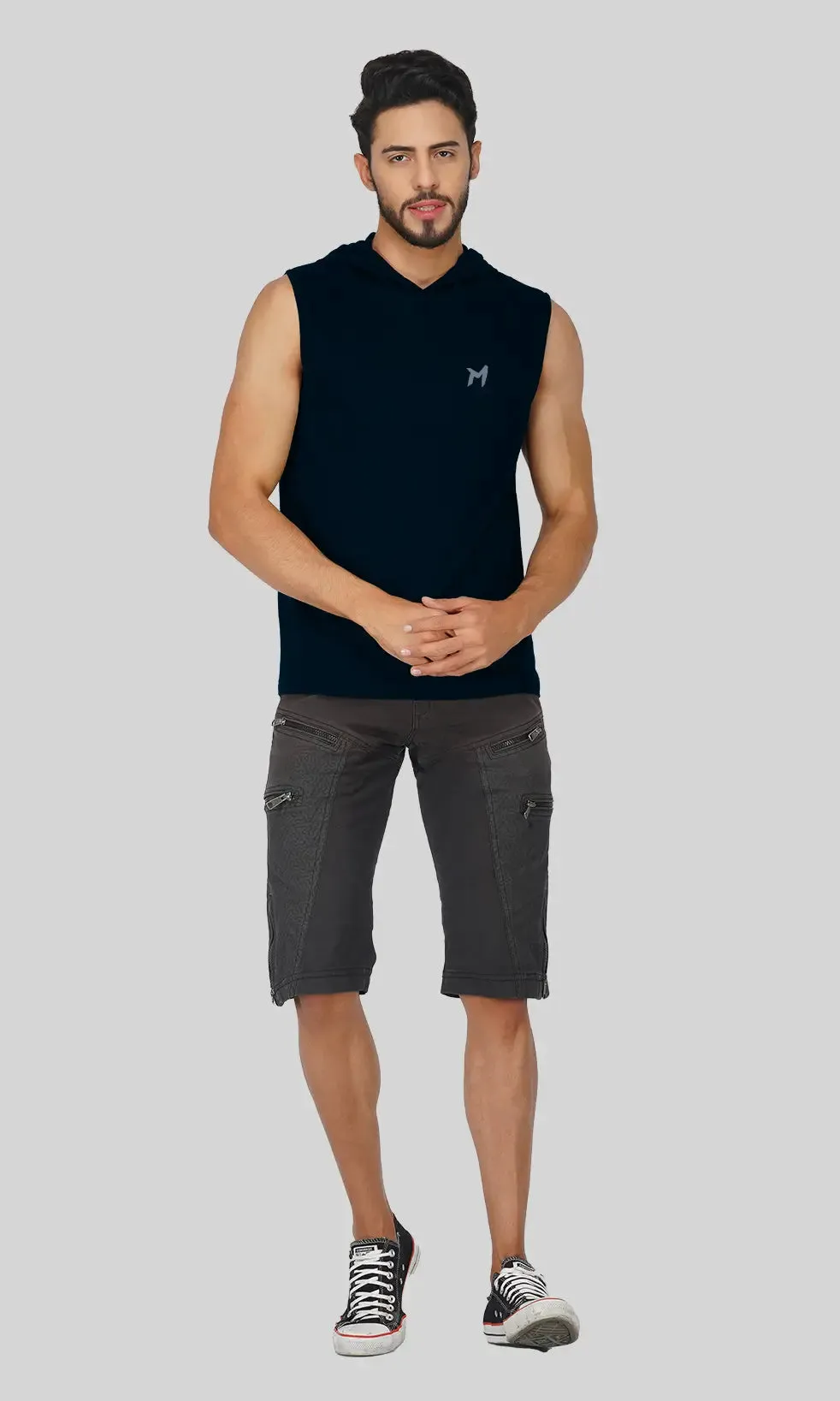 Mebadass Cotton Men's Sleeveless Vest with Hood- Navy Blue