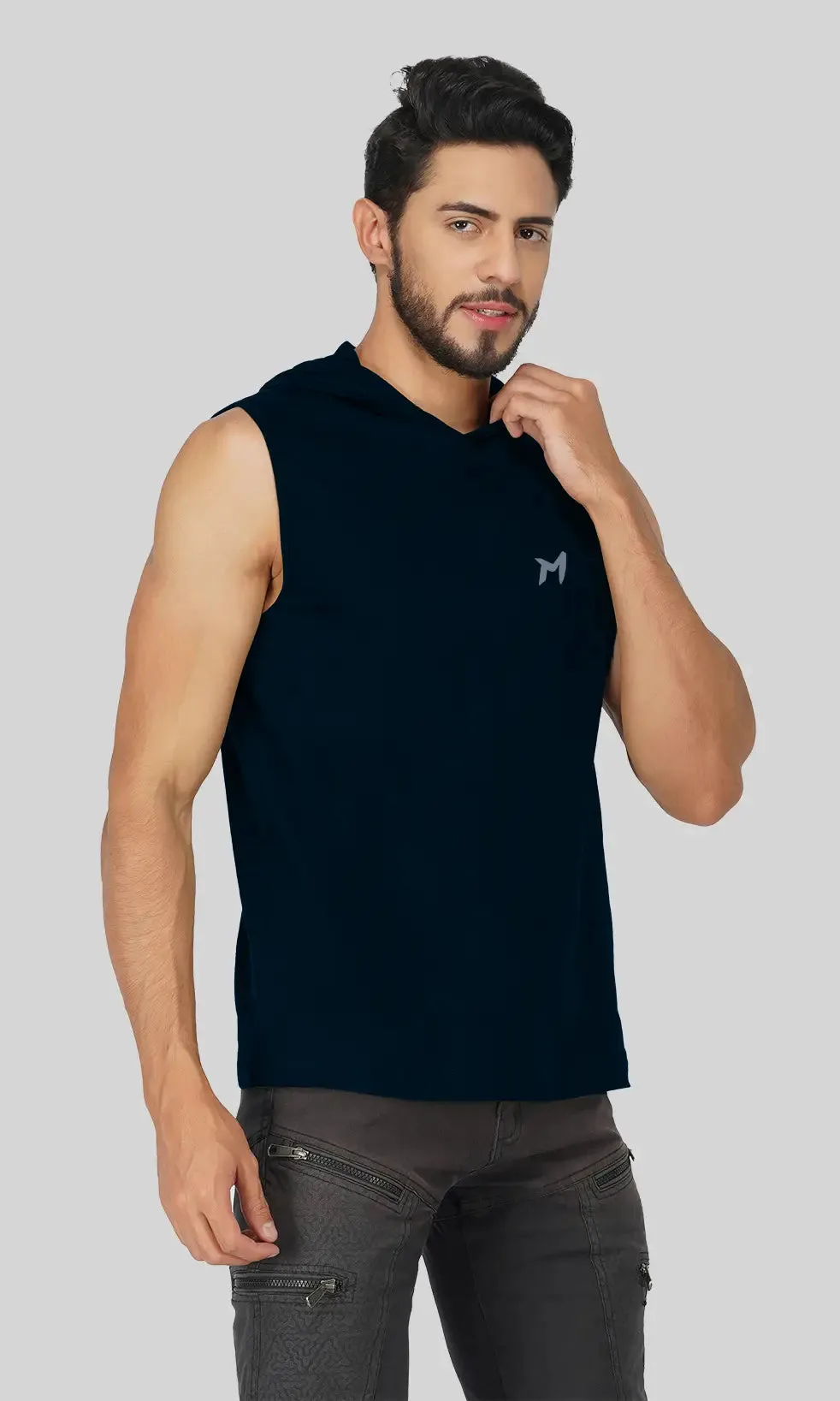 Mebadass Cotton Men's Sleeveless Vest with Hood- Navy Blue