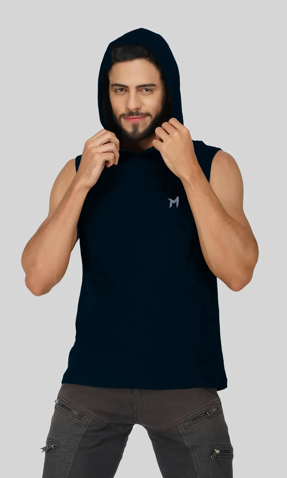 Mebadass Cotton Men's Sleeveless Vest with Hood- Navy Blue