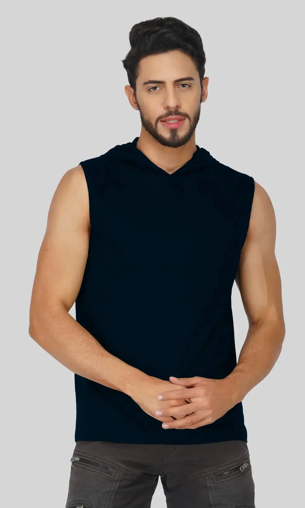 Mebadass Cotton Men's Sleeveless Vest with Hood- Navy Blue