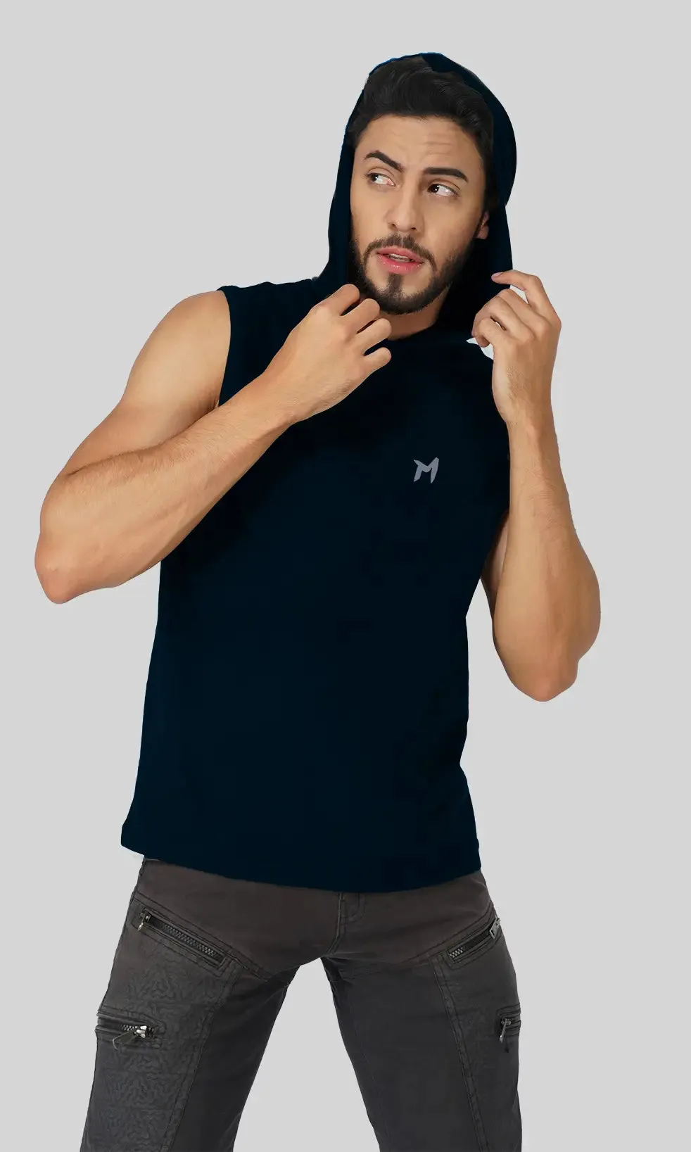 Mebadass Cotton Men's Sleeveless Vest with Hood- Navy Blue