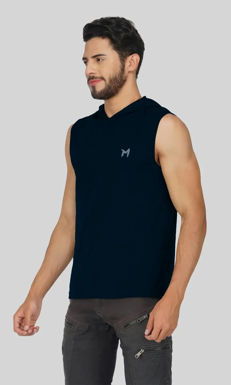 Mebadass Cotton Men's Sleeveless Vest with Hood- Navy Blue