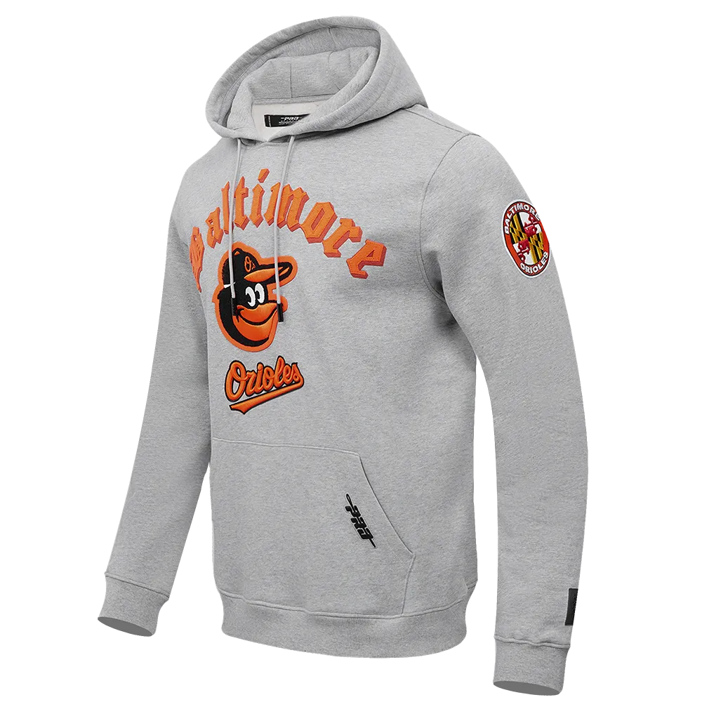 MLB BALTIMORE ORIOLES OLD ENGLISH MEN'S PO HOODIE (HEATHER GREY)