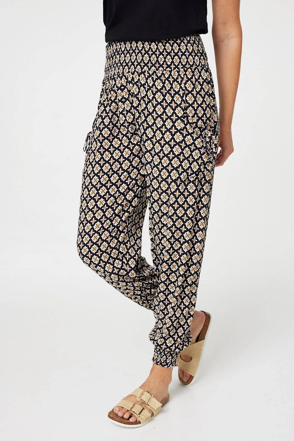 Mosaic Print Shirred Harem Pants