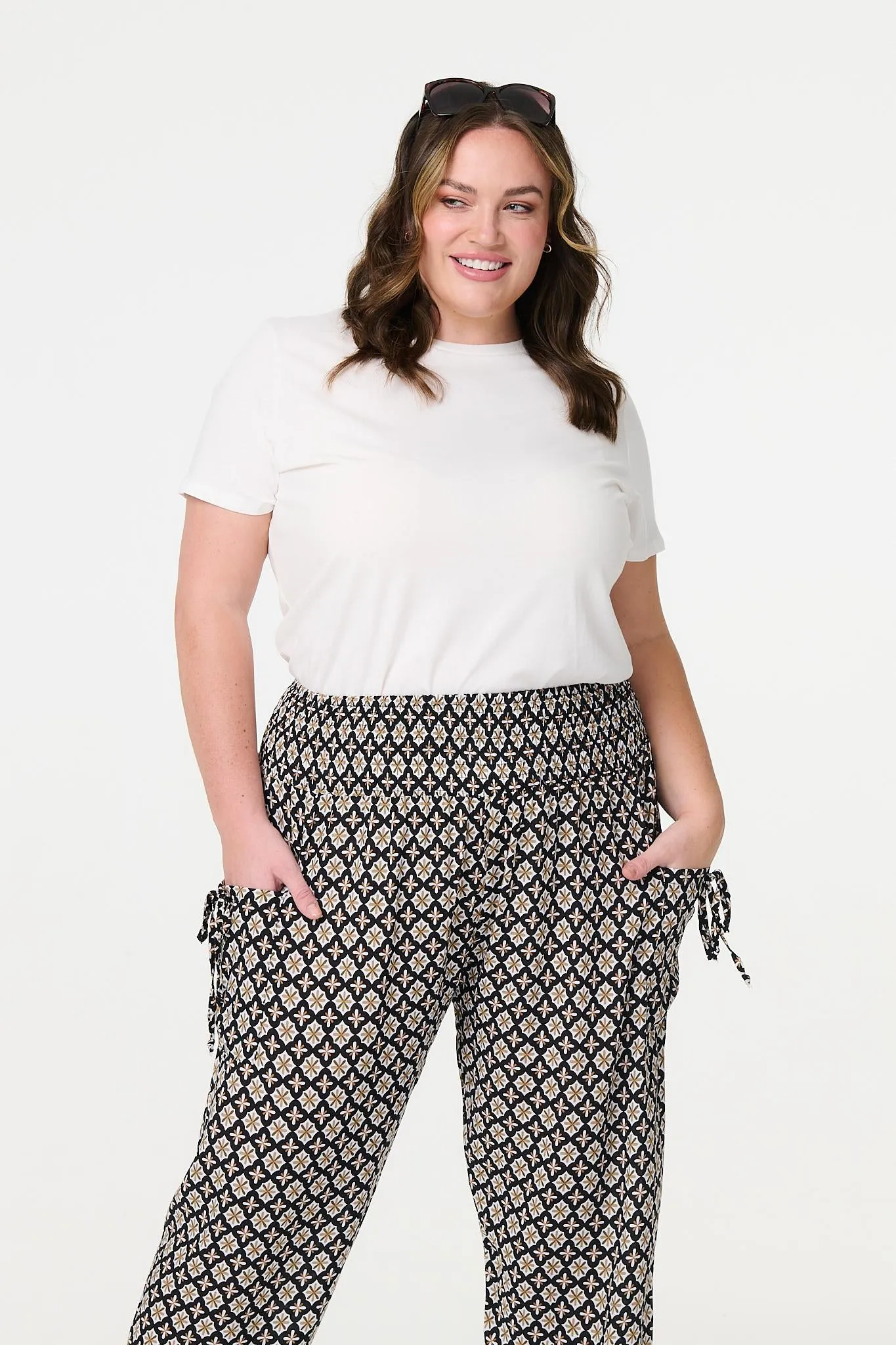 Mosaic Print Shirred Harem Pants