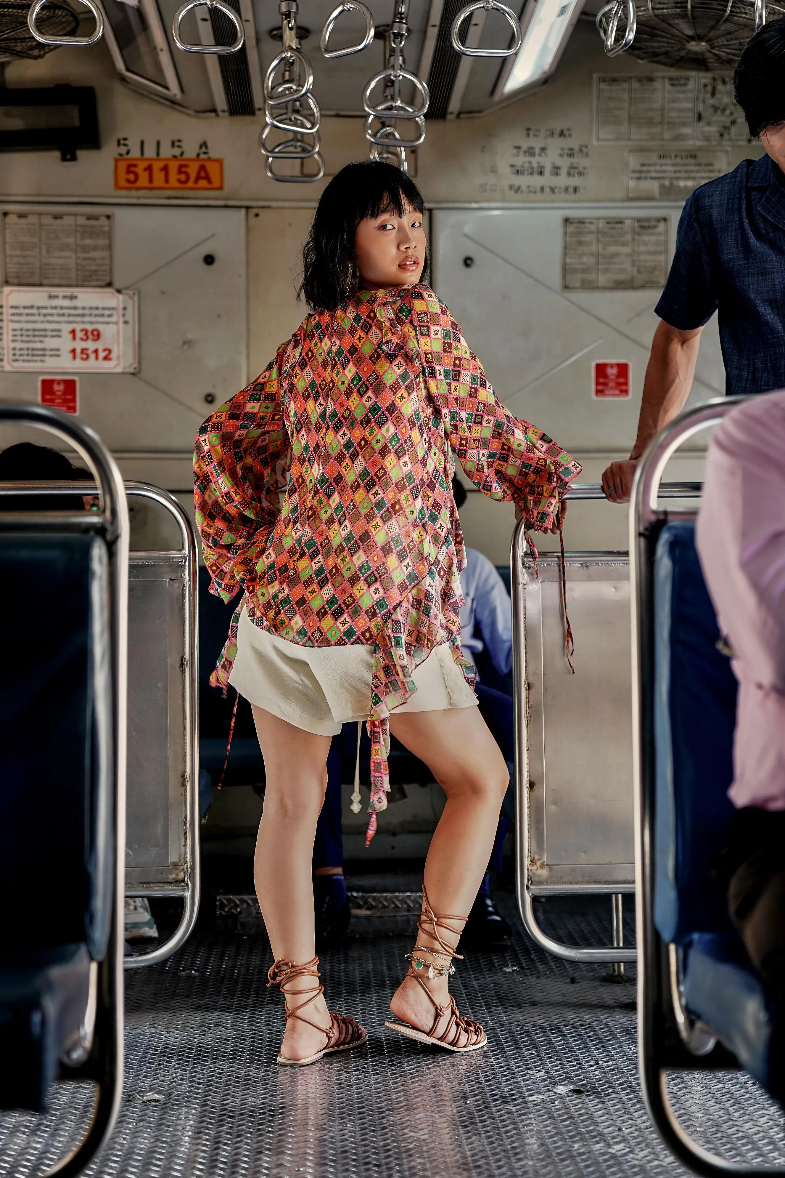 MULTICOLOUR TRELLIS CASCADE RUFFLE TOP