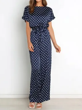 Polka Dot Print Belted Short Sleeve Jumpsuit