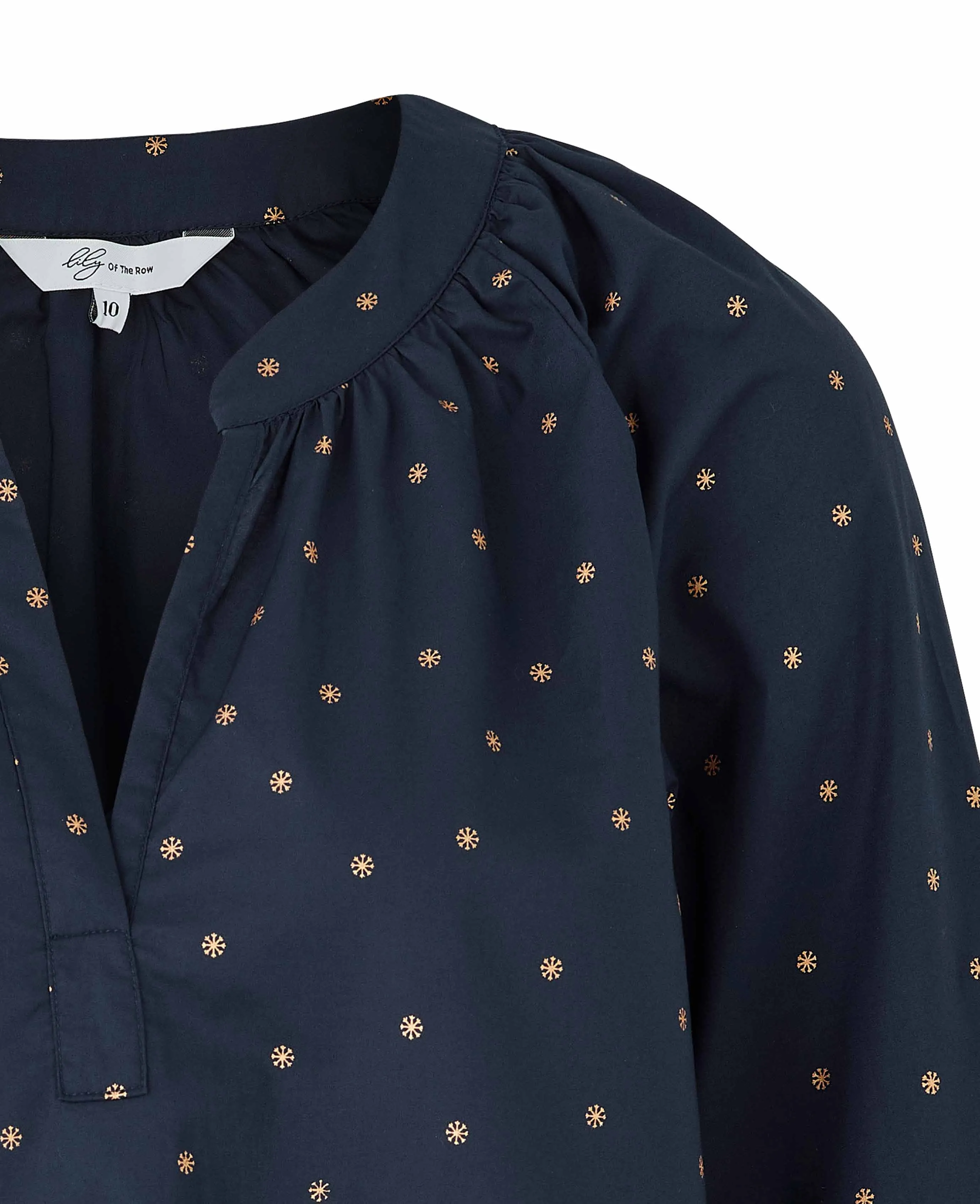 Women's Navy Snowflake Print Loose Fit Balloon Sleeve Shirt